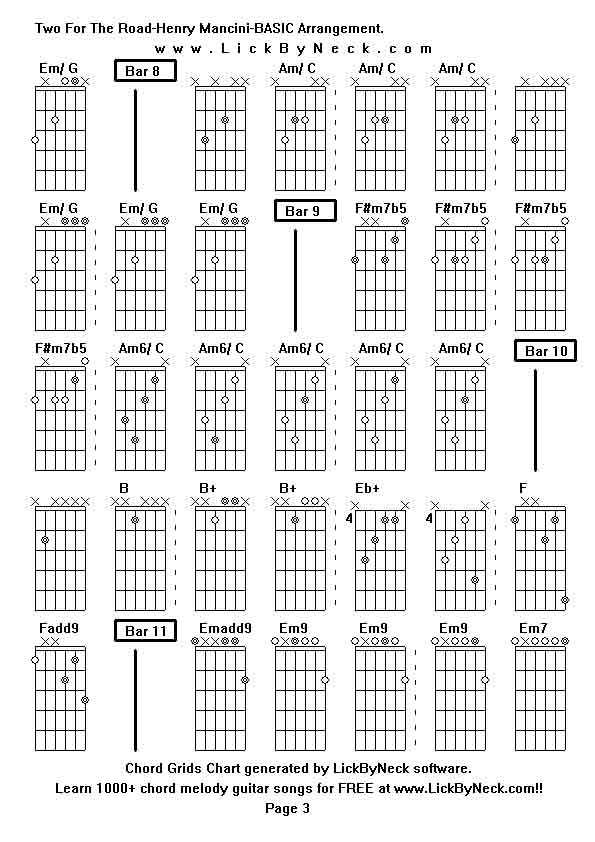 Chord Grids Chart of chord melody fingerstyle guitar song-Two For The Road-Henry Mancini-BASIC Arrangement,generated by LickByNeck software.